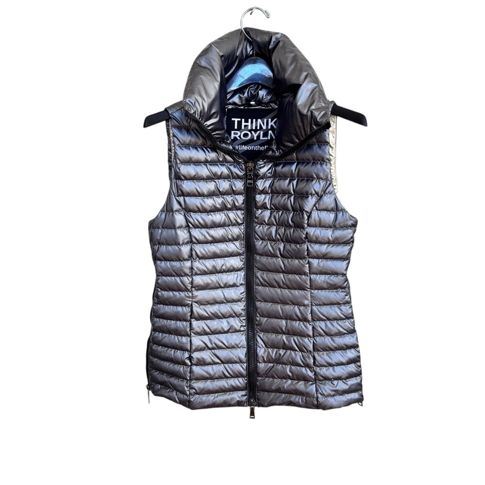 THINK ROYLN Pearl Gray Spice Fitted Quilted Puffer Down Feather Vest Size S